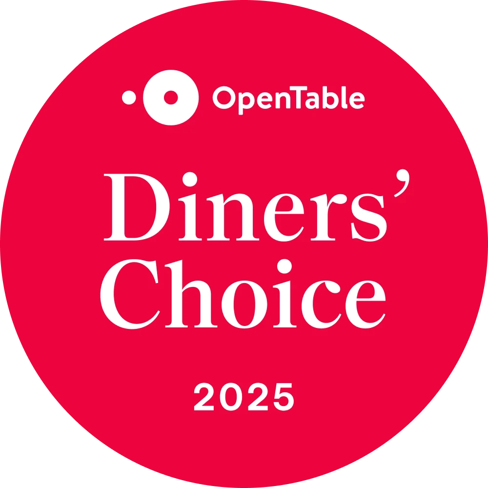 Red circular badge with "OpenTable Diners' Choice 2025" written in white text. logo on footer section. Link to external website.