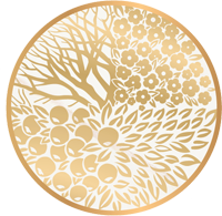 The image shows a circular golden design depicting a tree, flowers, and leaves, intricately arranged into a pattern.