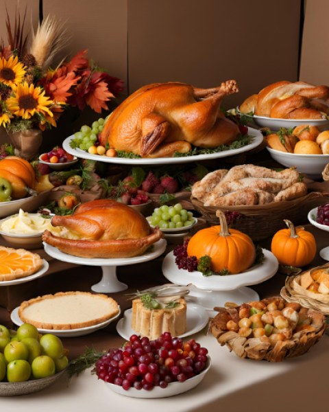 A Thanksgiving feast with turkey, pies, fruits, and decorative pumpkins on a table, surrounded by autumn-themed decorations.