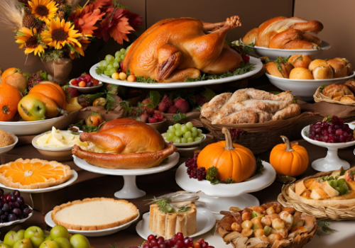 A Thanksgiving feast with turkey, pies, fruits, and decorative pumpkins on a table, surrounded by autumn-themed decorations.