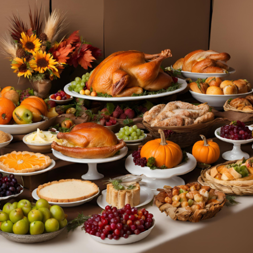 A Thanksgiving feast with turkey, pies, fruits, and decorative pumpkins on a table, surrounded by autumn-themed decorations.