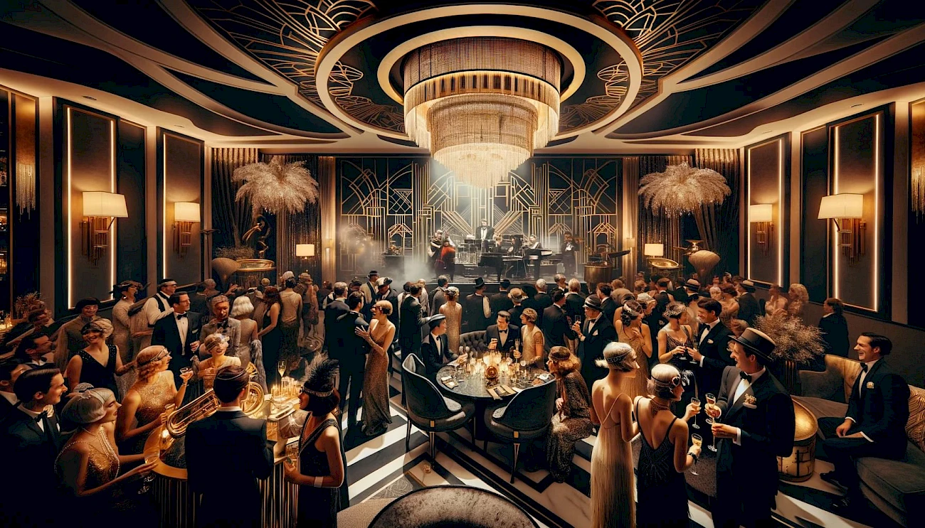 A lavish party in a grand, art deco ballroom with elegant guests dancing, socializing, and enjoying music from a live band on stage.