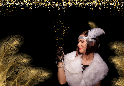 A woman in 1920s flapper attire, including a feathered headband and fur stole, holding a pearl necklace with golden feathers decorating the background.
