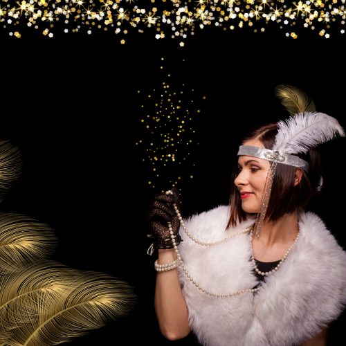 A woman in 1920s flapper attire, including a feathered headband and fur stole, holding a pearl necklace with golden feathers decorating the background.