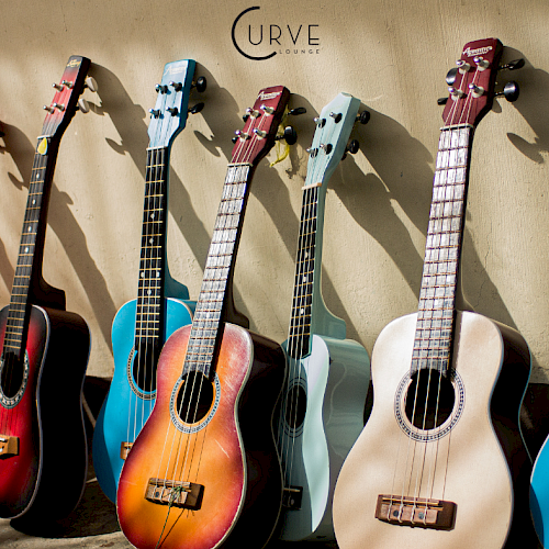 The image shows a row of colorful acoustic guitars leaned against a wall with a logo that reads 