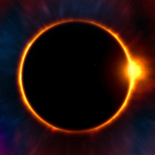 The image depicts a solar eclipse with the bright corona of the sun visible around the dark silhouette of the moon against a colorful cosmic background.