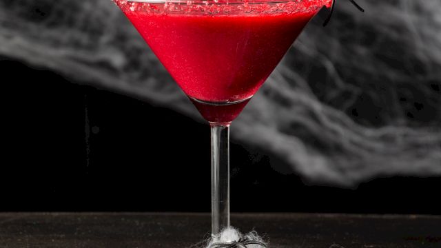 A red cocktail in a martini glass, rimmed with red sugar, surrounded by fake spiders and webs, against a spooky backdrop.