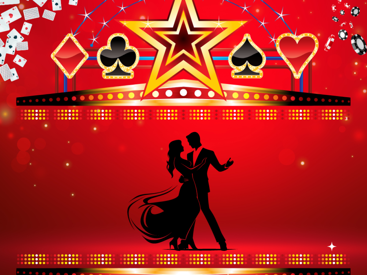 A couple dancing on a stage with a star, playing cards, and poker chips, against a red background with lights.