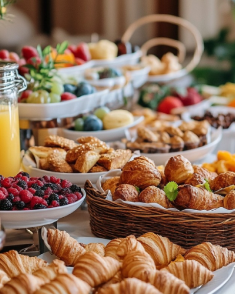 A breakfast spread with pastries, fruits, berries, nuts, and a jar of orange juice is arranged on a table.