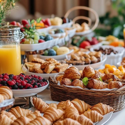 A breakfast spread with pastries, fruits, berries, nuts, and a jar of orange juice is arranged on a table.