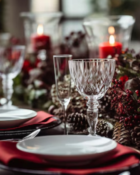 Festive table setting with red candles, elegant glassware, and decorative foliage, creating a cozy holiday atmosphere.