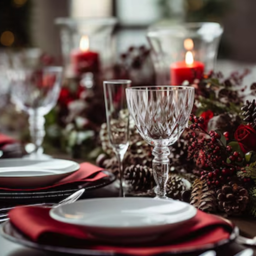 Festive table setting with red candles, elegant glassware, and decorative foliage, creating a cozy holiday atmosphere.