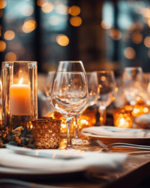 A beautifully set dining table with elegant glassware and candles, creating a warm and inviting atmosphere.