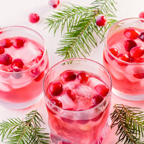 Three glasses of a pink drink with ice and cranberries, surrounded by pine branches on a white surface.