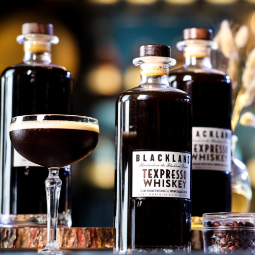 The image features bottles of Blackland Texas Pecan Brown Sugar Espresso Whiskey and a cocktail, set against a blurred background.