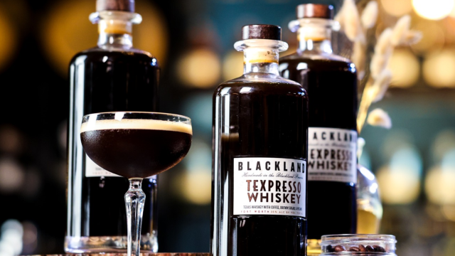 The image features bottles of Blackland Texas Pecan Brown Sugar Espresso Whiskey and a cocktail, set against a blurred background.