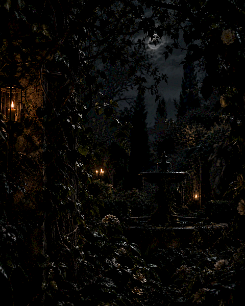 A dim garden with hanging leaves, lit candles along a stone wall, and a quiet fountain at dusk.